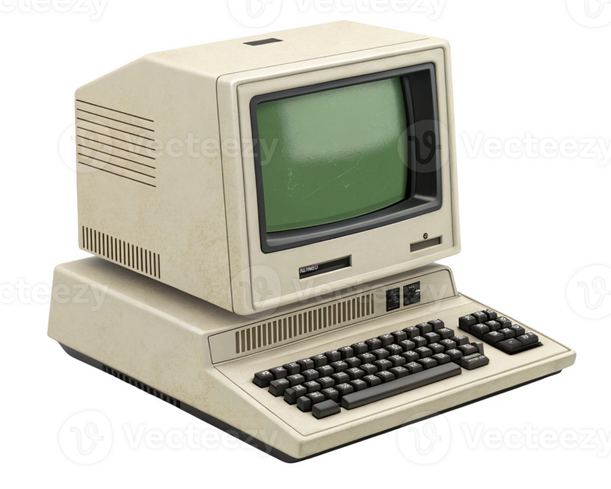 Vintage computer with green screen and keyboard, showcasing retro technology. png