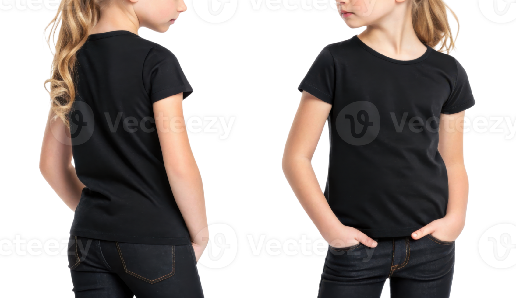 girl wearing black t shirt, showcasing front and back views, with casual pose png