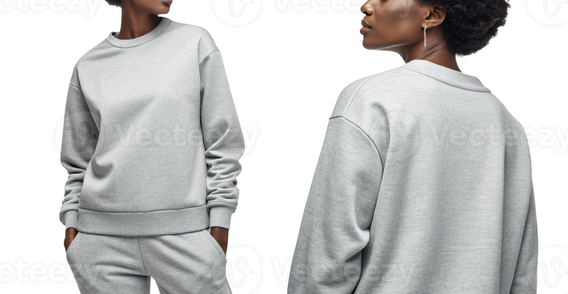 stylish woman wearing gray sweatshirt and matching pants, showcasing modern, casual look png