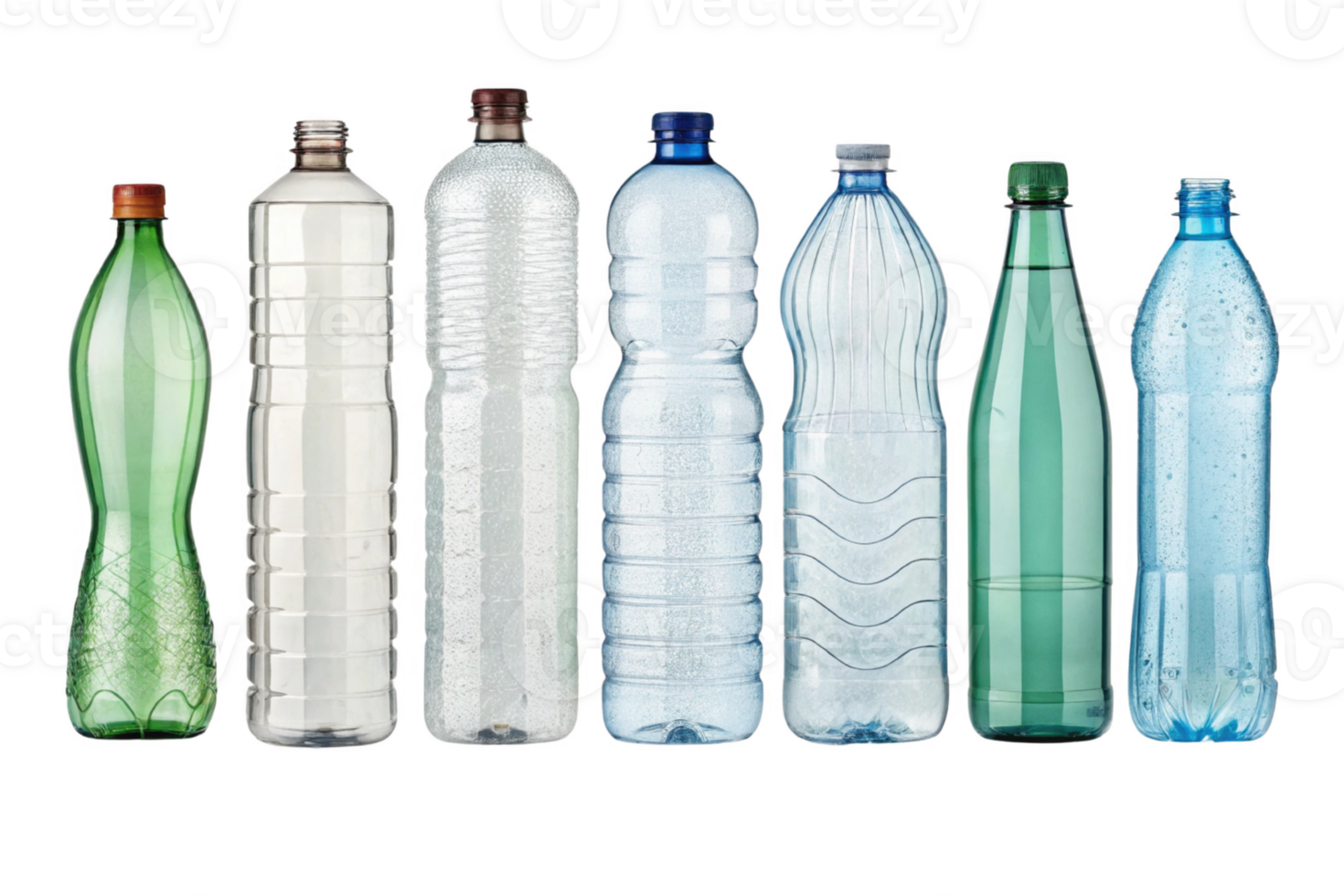 Bottles of various shapes and colors, showcasing plastic and glass materials png