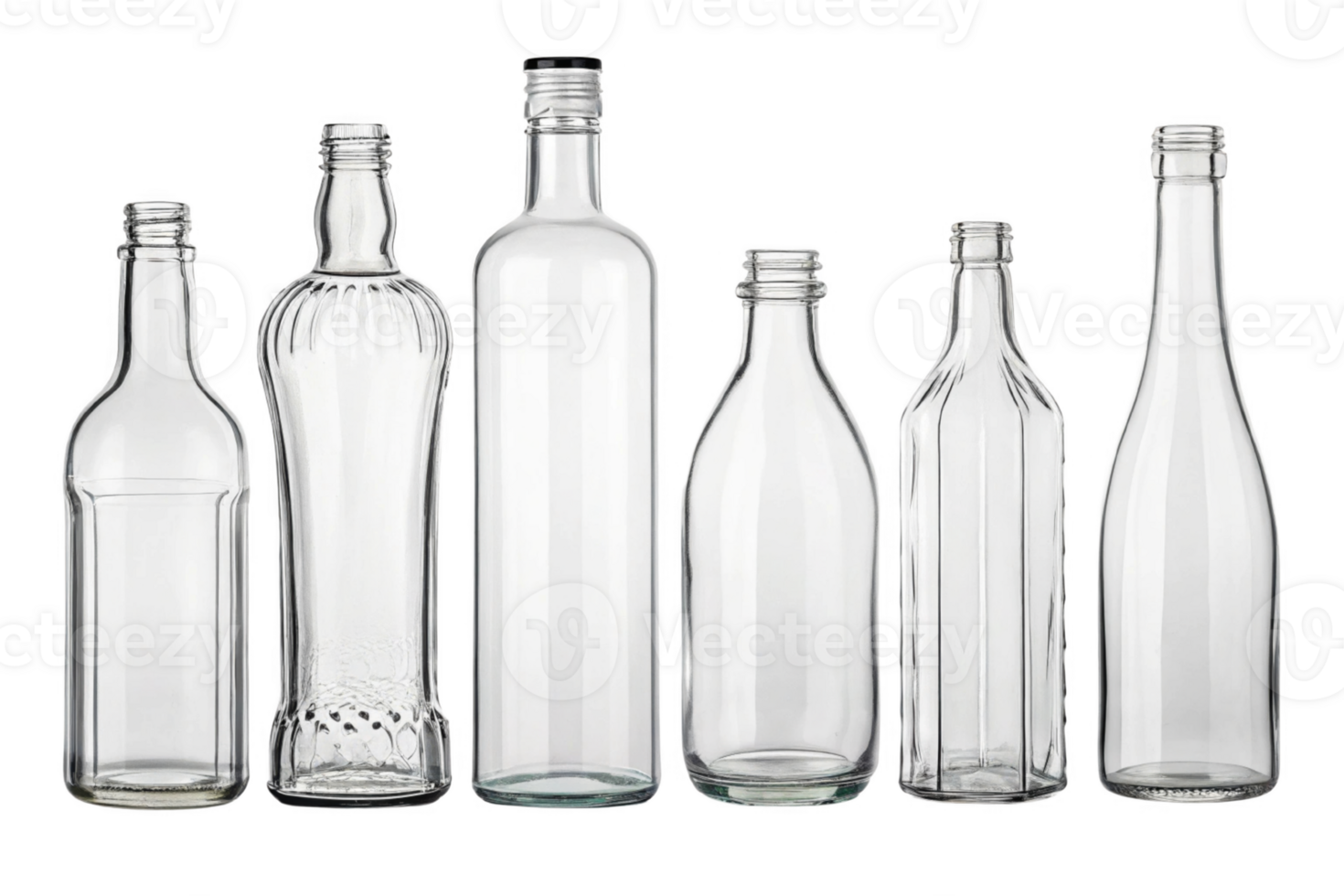 Clear glass bottles in various shapes and sizes arranged together png