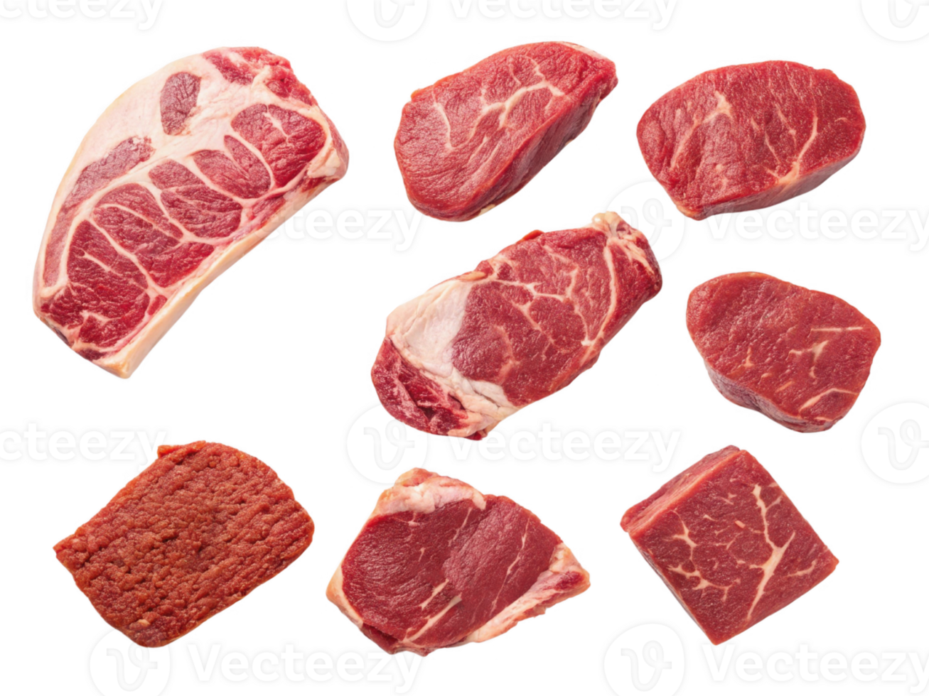 Fresh cuts of beef including steaks and ground meat, showcasing various textures and colors png