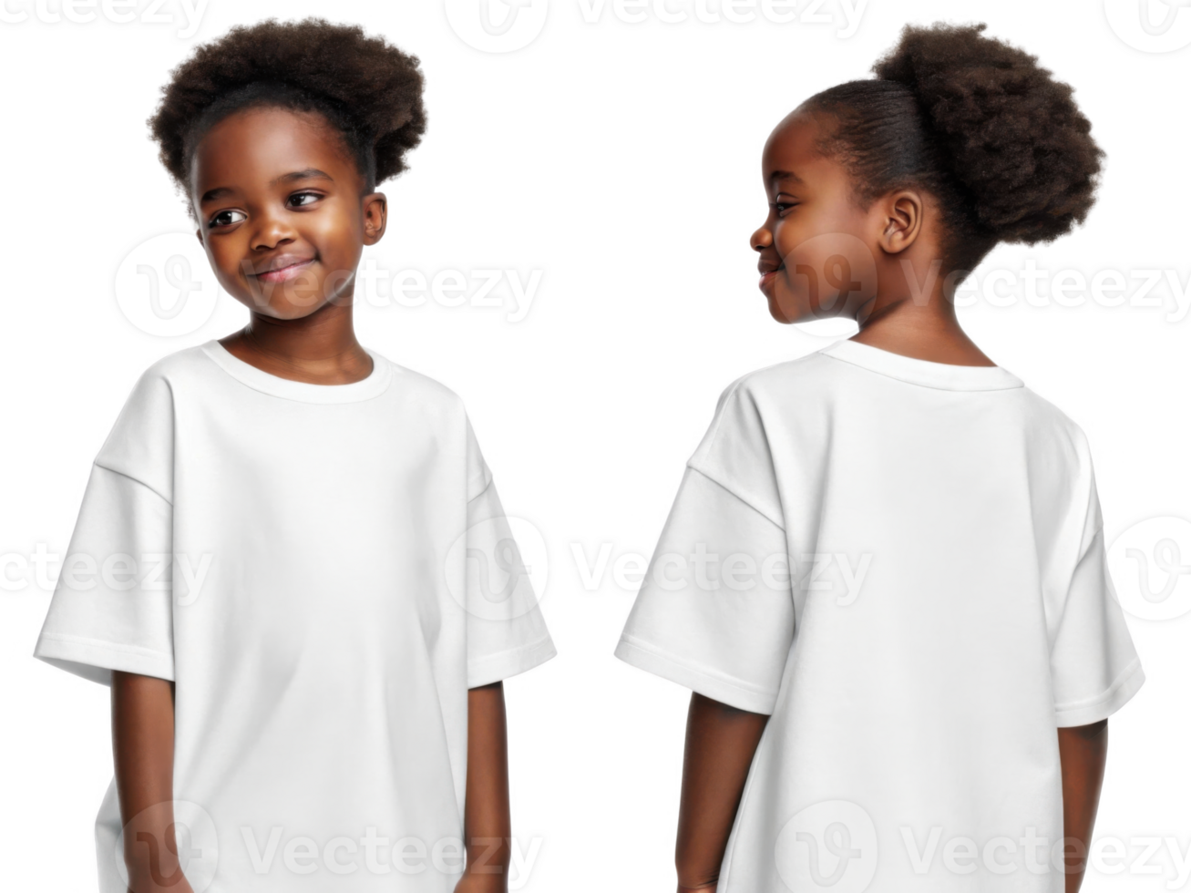 young girl wearing plain white t shirt, smiling and posing from front and back png