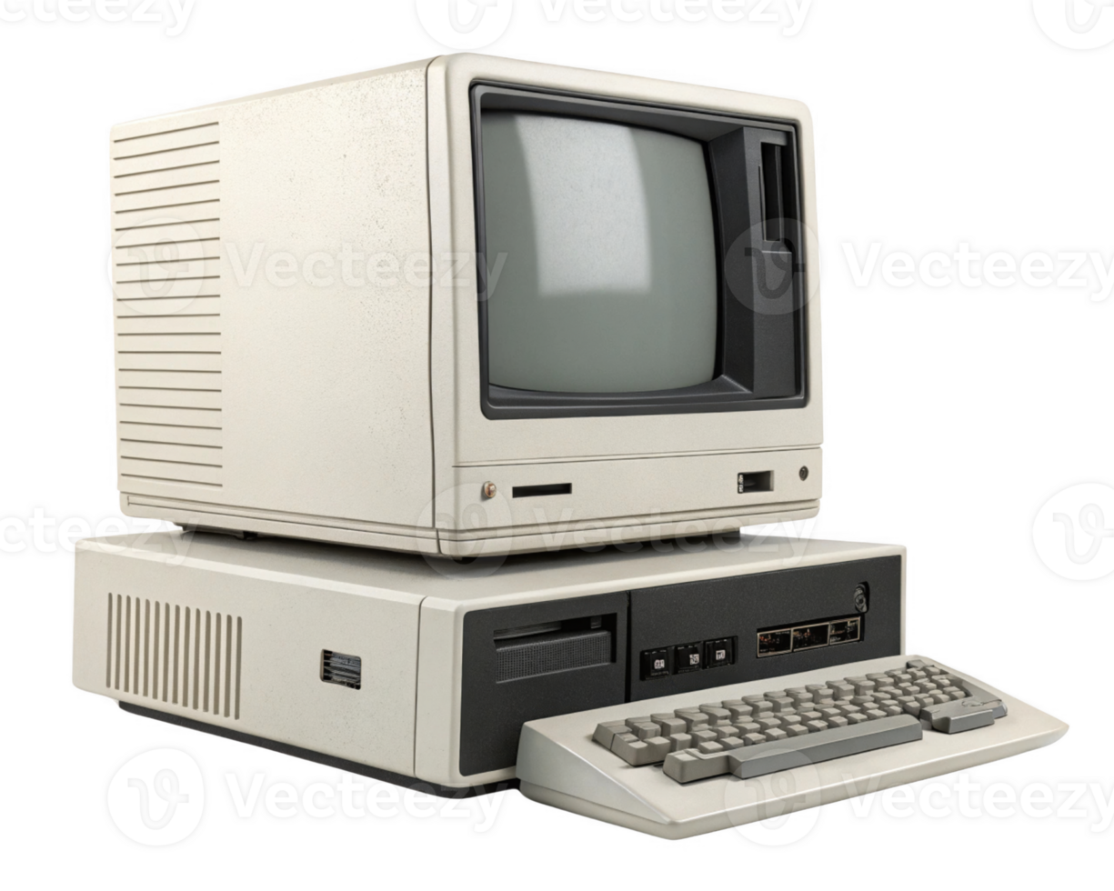 A vintage computer with monitor and keyboard, showcasing retro technology. png