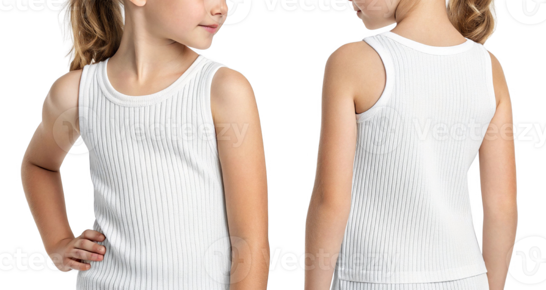 girl wearing white ribbed tank top, showcasing both front and back views png