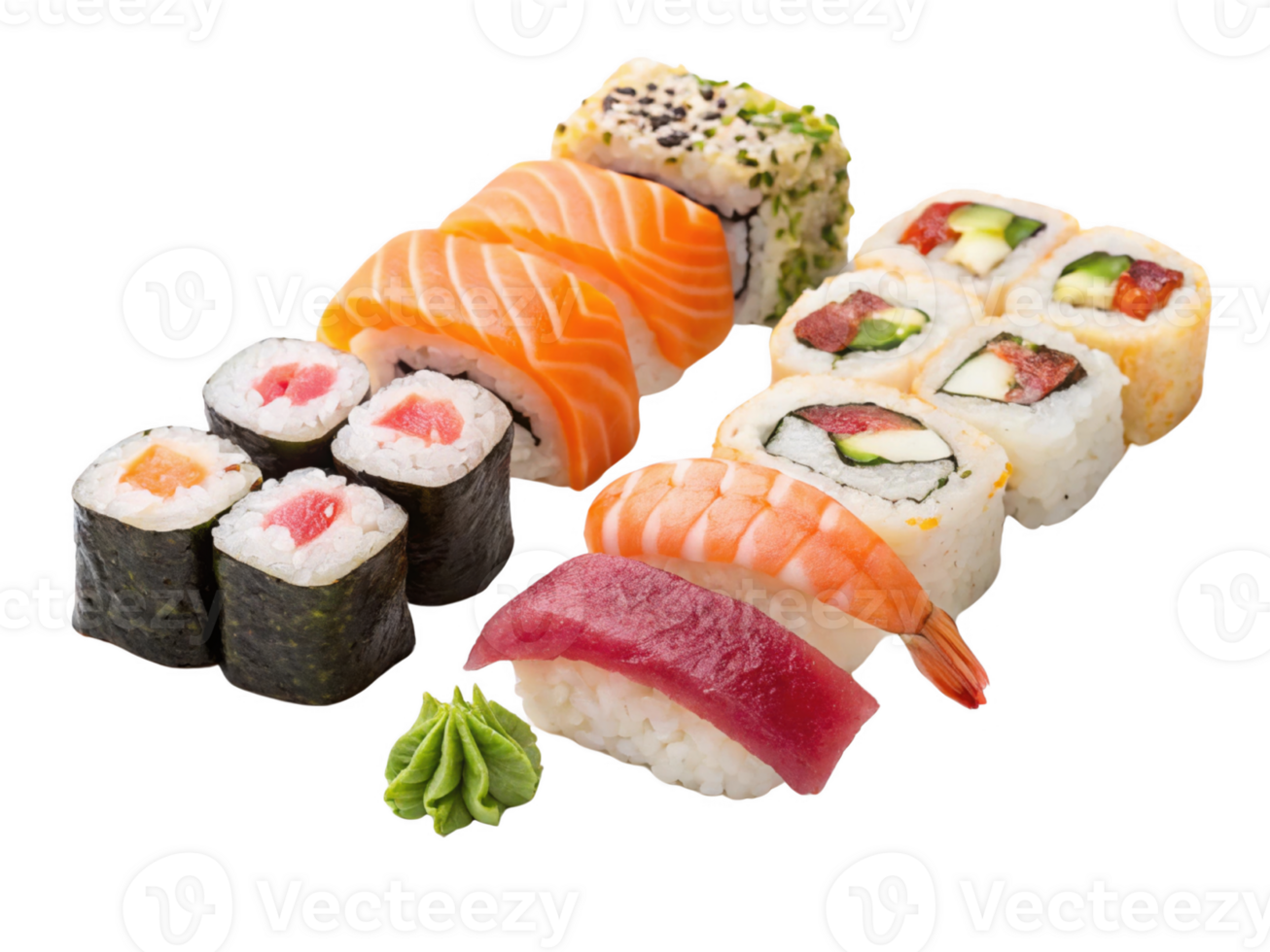 Sushi platter featuring various types of sushi rolls, including salmon, tuna, and shrimp, garnished with wasabi png