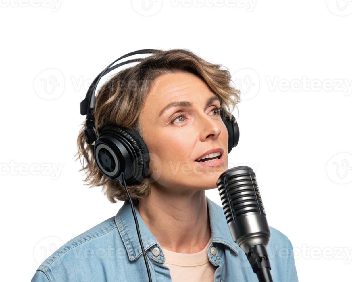 woman singing with headphones and microphone, music studio, joyful expression png