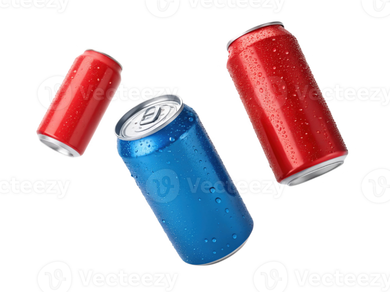 Refreshing beverage cans in red and blue with droplets png