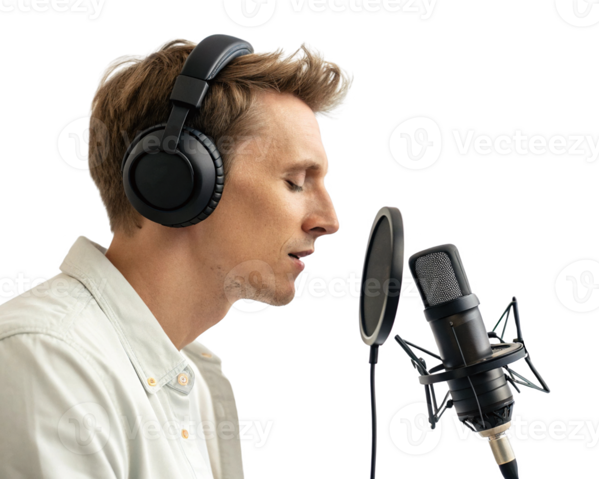 man singing into microphone while wearing headphones, focused on his performance png