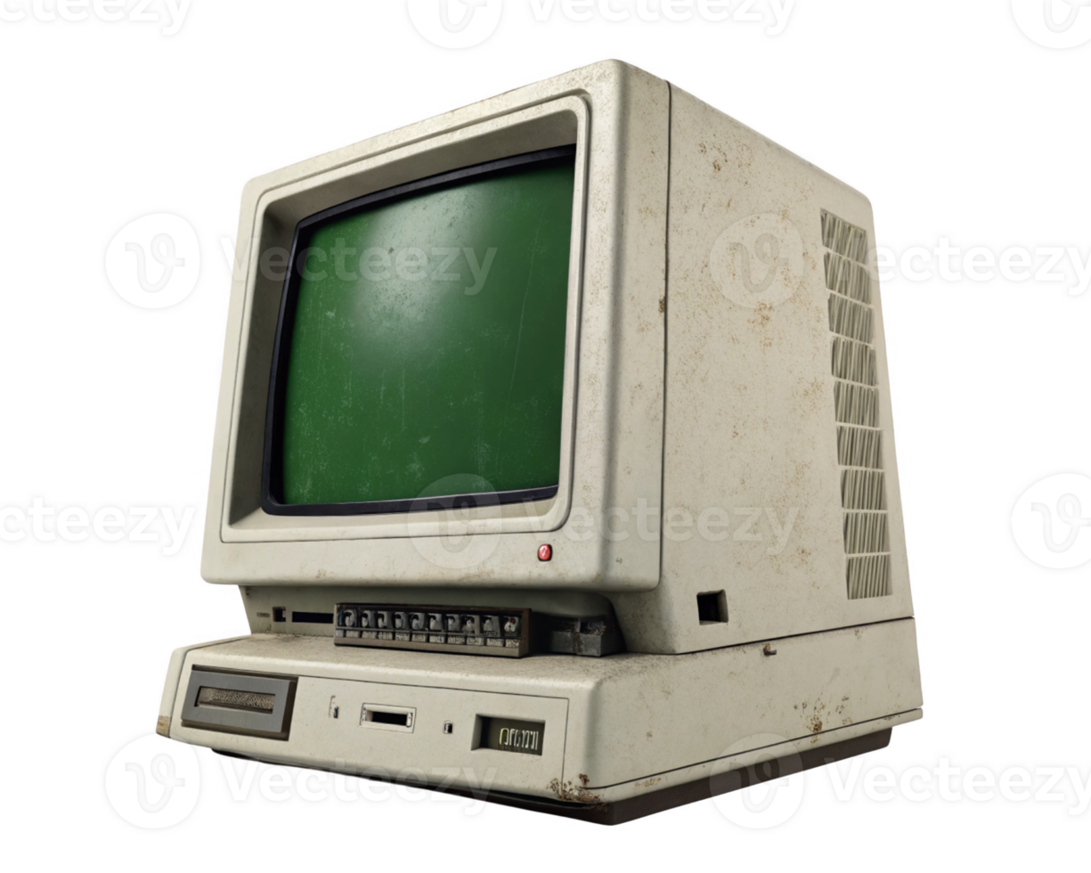 Vintage computer with green screen and retro design, showcasing nostalgia and technology evolution png