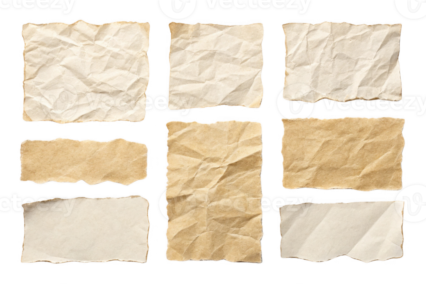 Crumpled paper textures in various shapes and colors for creative use png