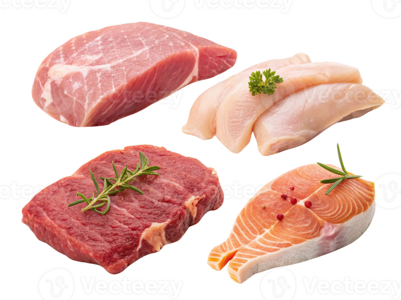 Fresh meat selection including pork, chicken, beef, and salmon with herbs png