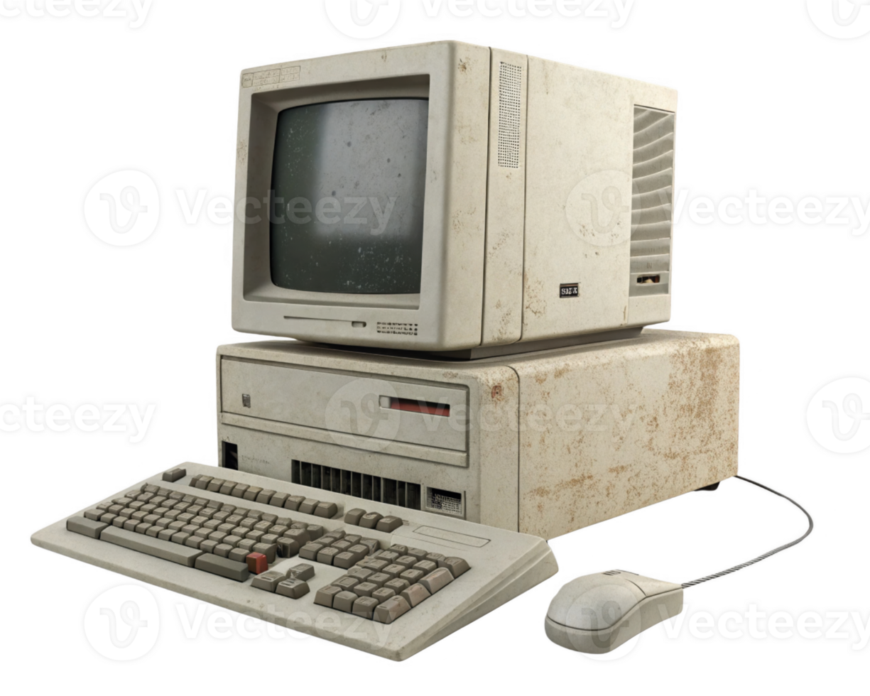 Old computer with monitor, keyboard, and mouse, showing vintage design and wear png