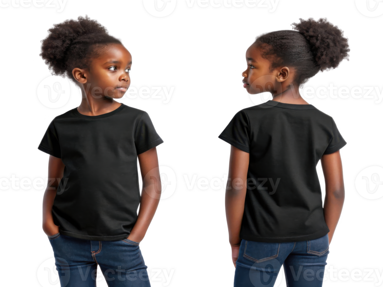young girl with curly hair wearing black t shirt and jeans, showcasing casual style png