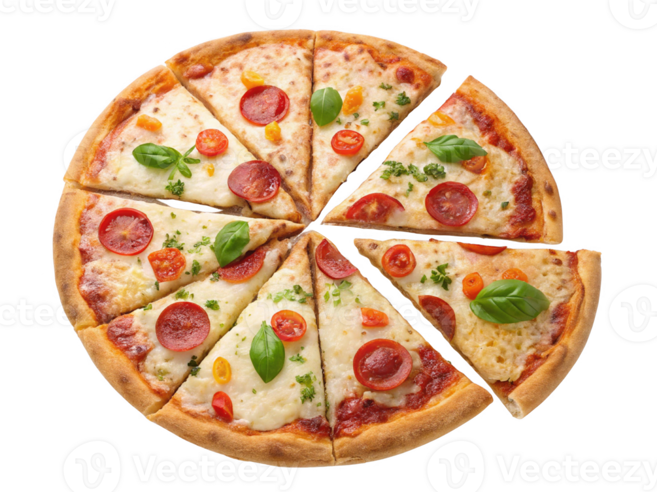 Delicious pizza with pepperoni, tomatoes, and fresh basil slices png