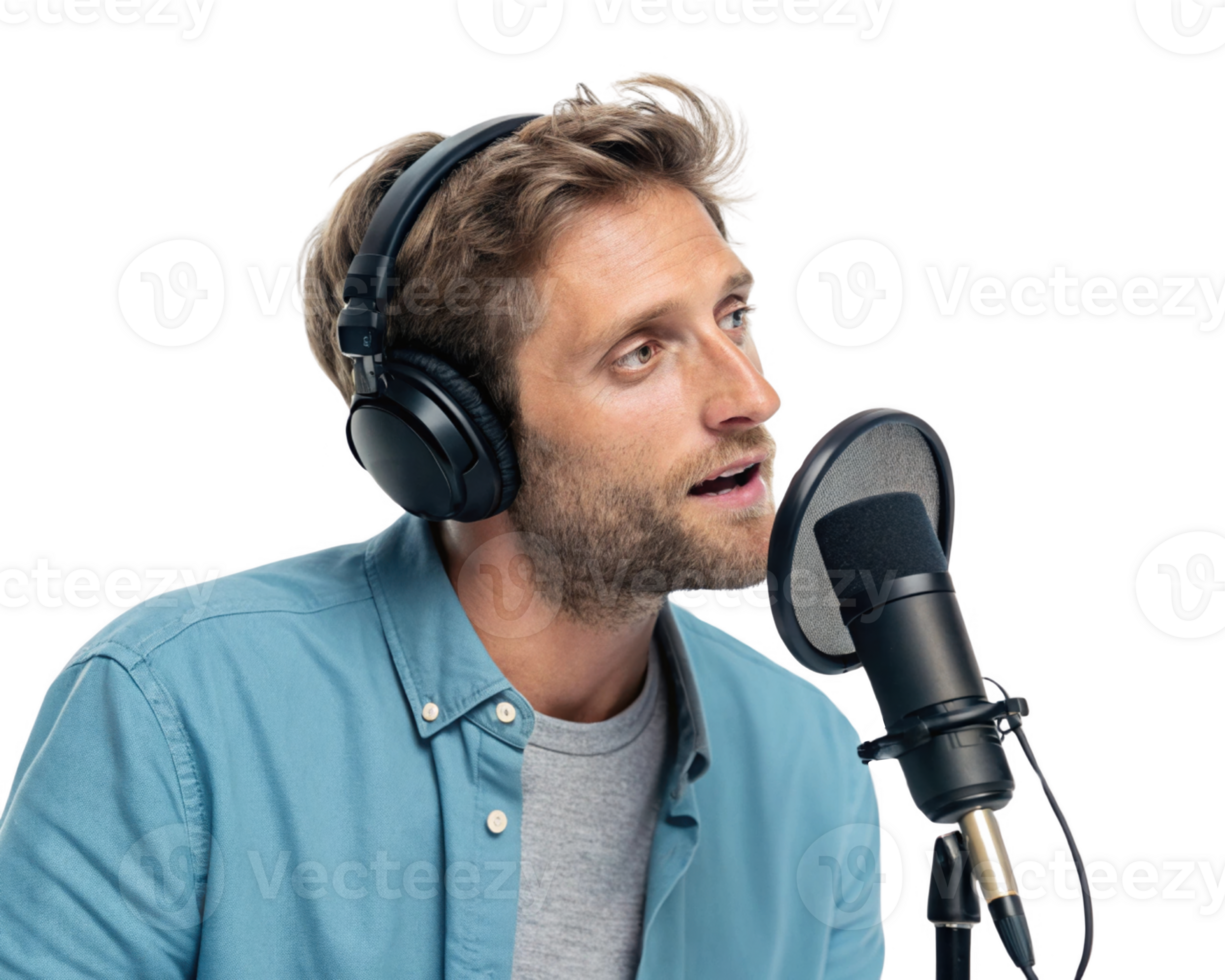 Man with headphones singing into microphone, expressing passion and creativity png