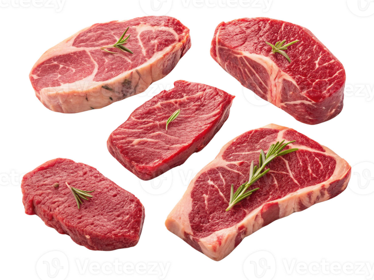 Fresh beef cuts with rosemary garnish, ideal for grilling or cooking png