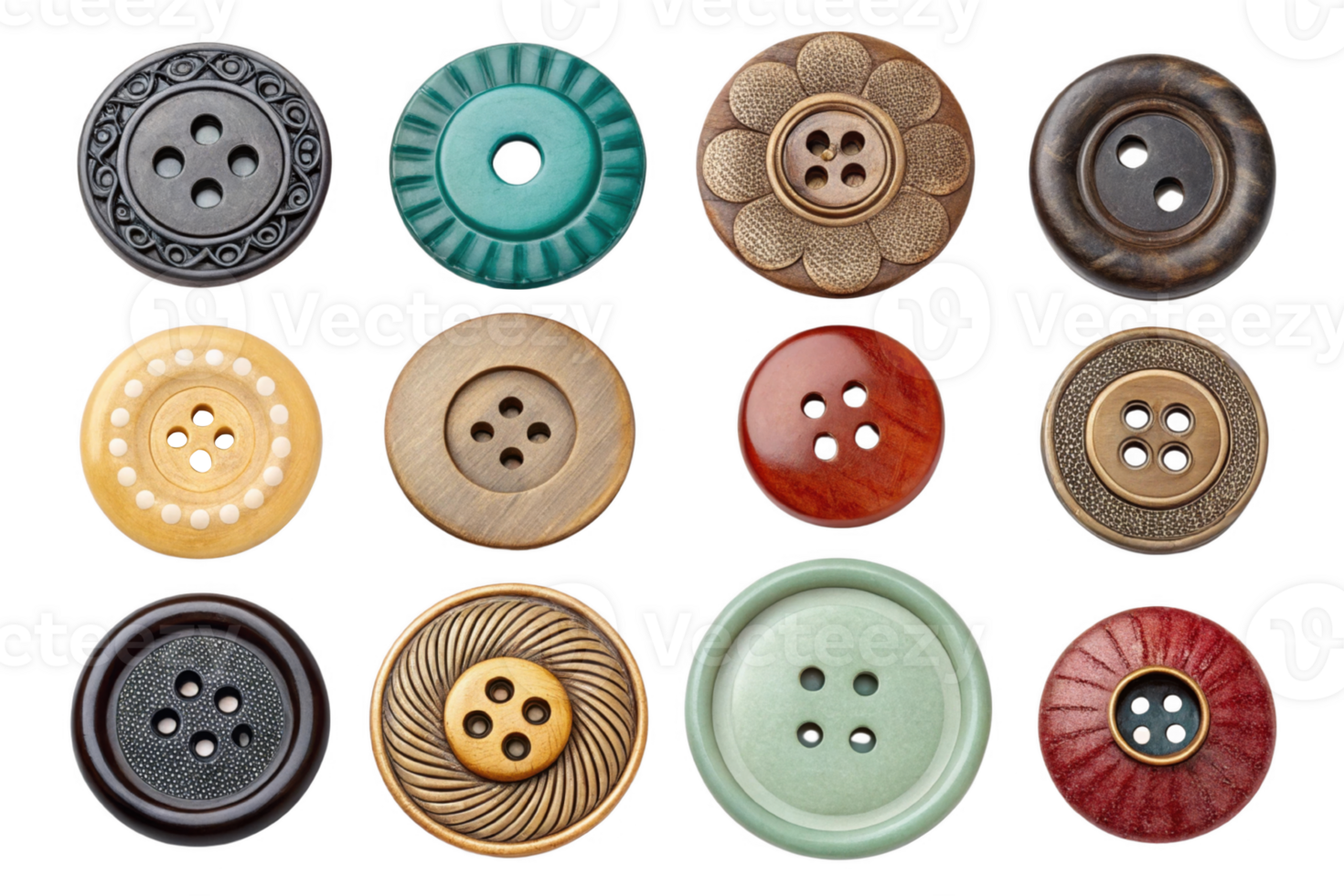 Colorful collection of decorative buttons in various shapes and sizes png
