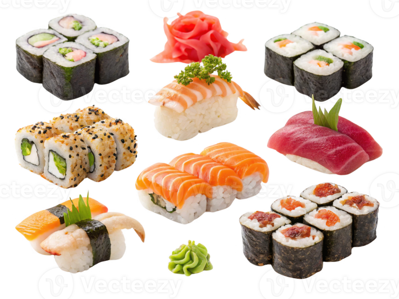 Sushi platter with various types of sushi, including rolls and sashimi png