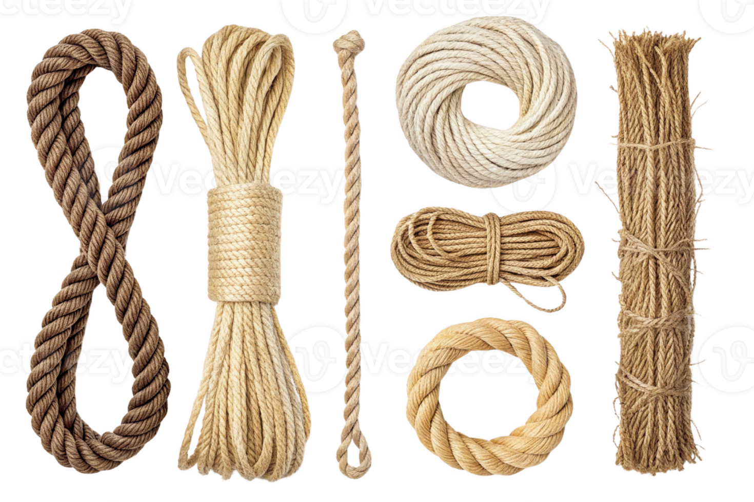 Ropes of various types and colors arranged neatly, showcasing their textures and materials png