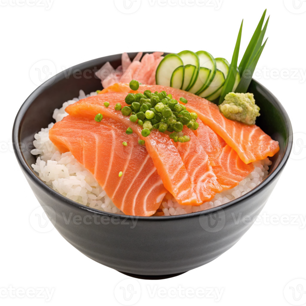 Delicious salmon sashimi served on rice with cucumber and wasabi png
