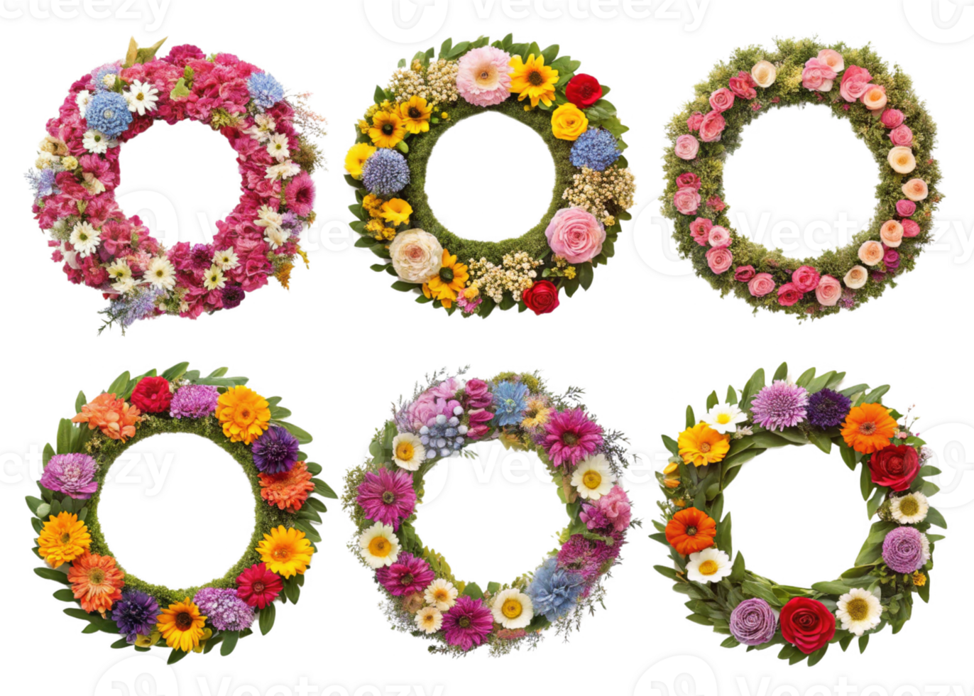 Colorful floral wreaths with various flowers arranged in circular designs, perfect for decoration or celebrations png