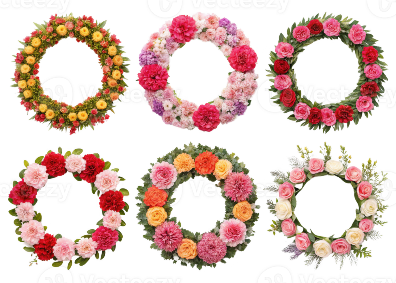 Floral wreaths in various colors and styles, perfect for decoration and celebrations png