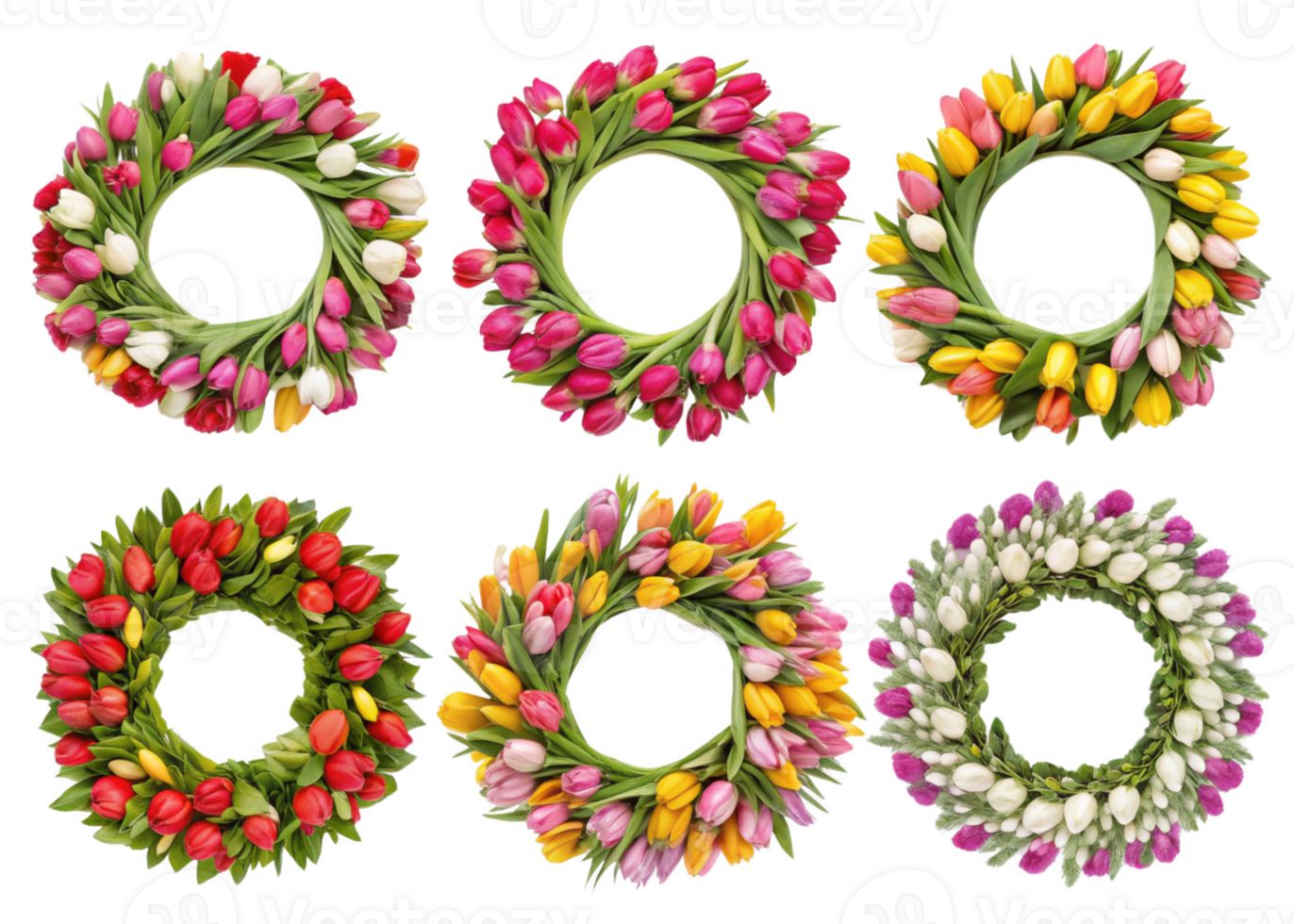 Beautiful floral wreaths made of colorful tulips in various arrangements. Perfect for spring decor and celebrations png
