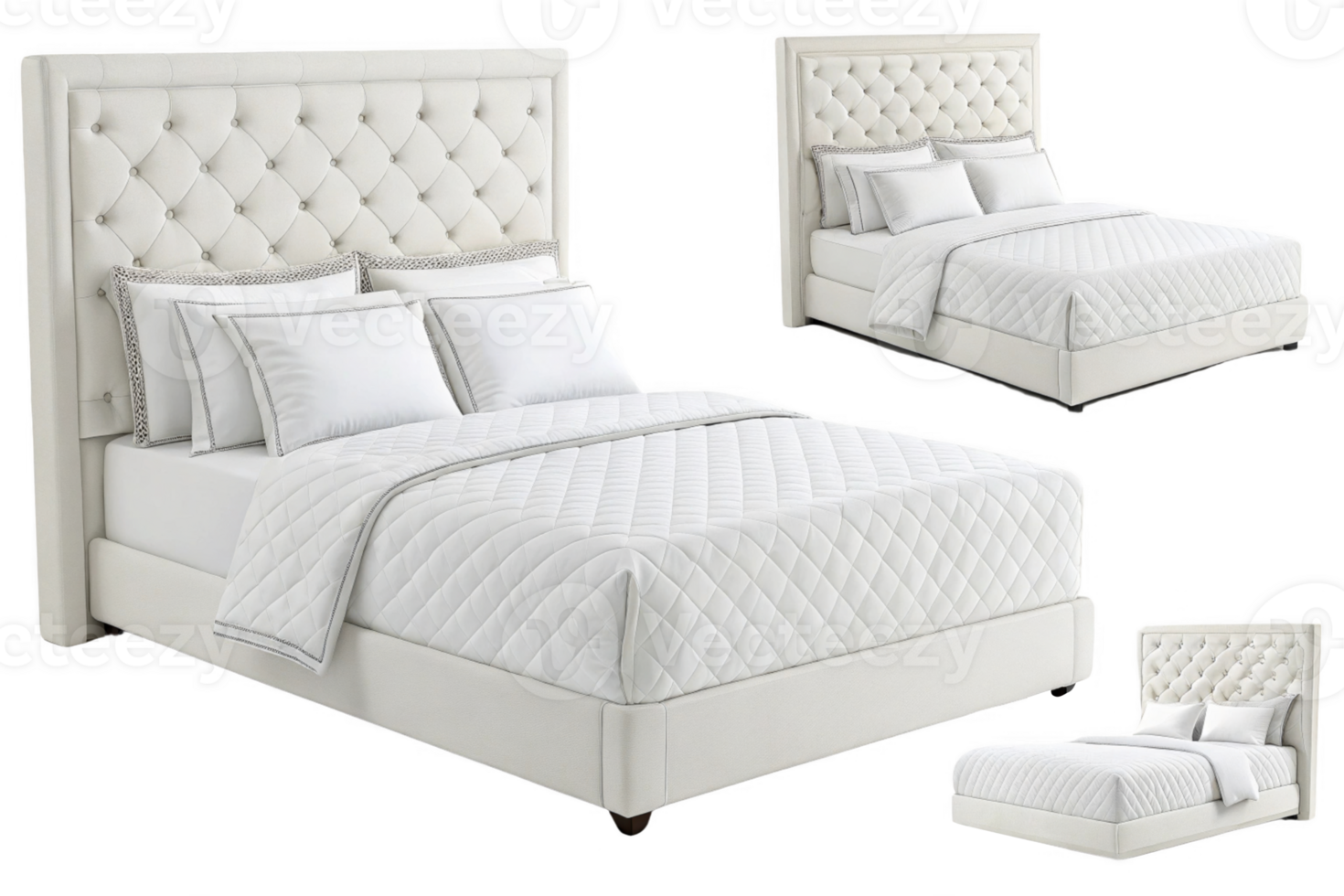 Luxurious white upholstered bed with tufted headboard and soft bedding png
