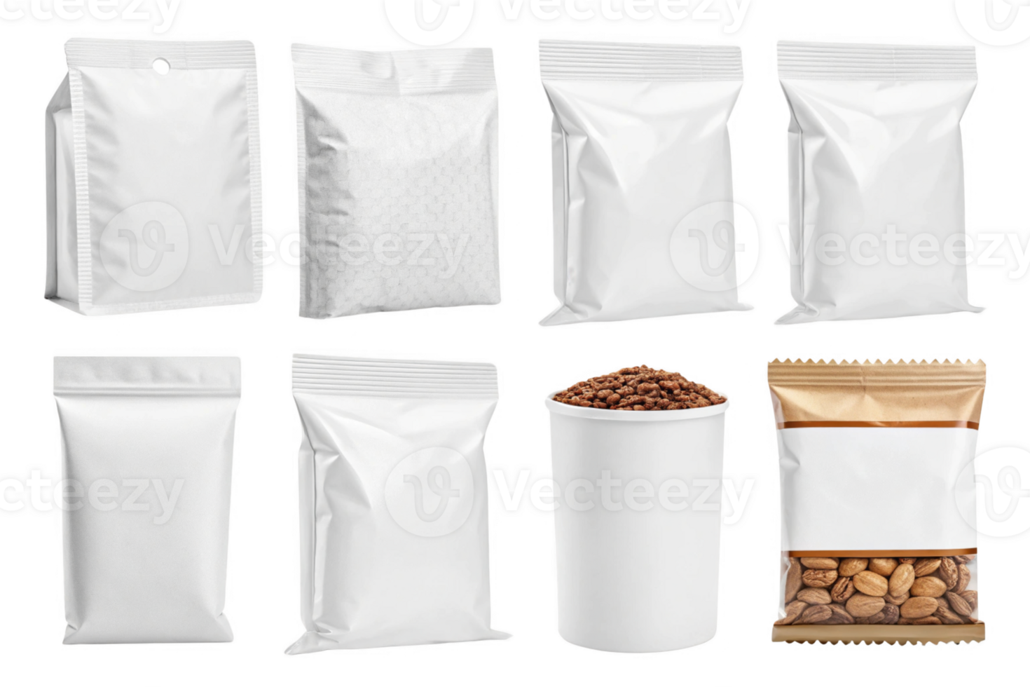 Empty packaging mockups for various products, including bags and cups, ideal for branding png