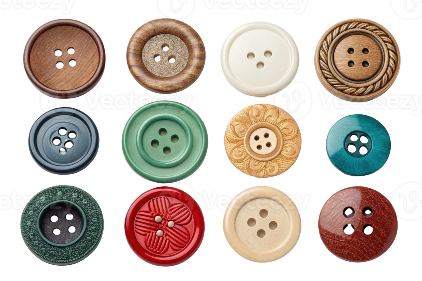 Buttons in various colors and designs arranged in grid pattern, showcasing their unique textures and styles png