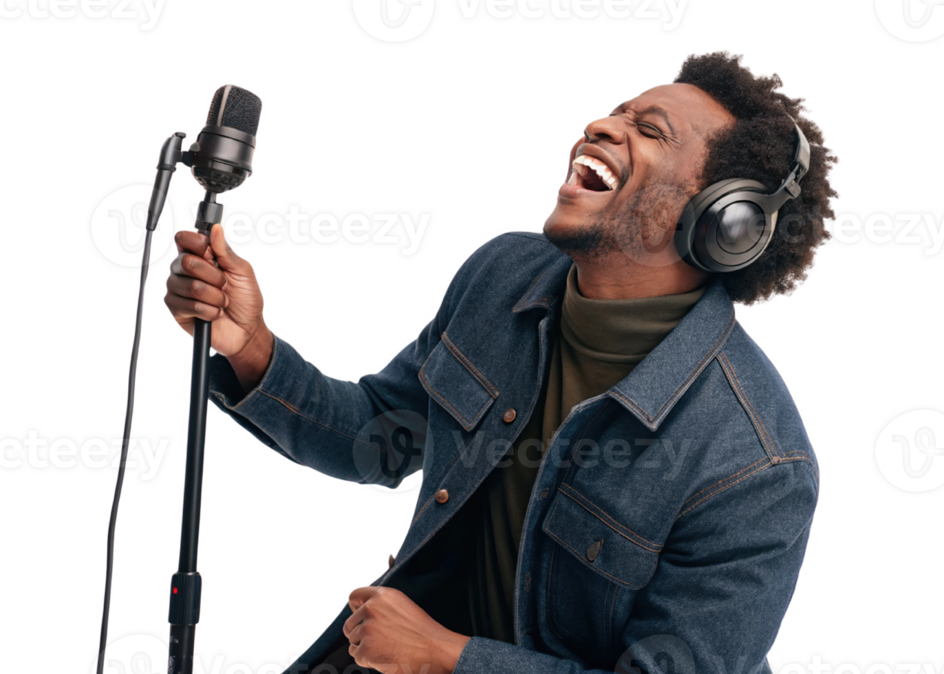 Singing man with microphone and headphones, expressing joy and passion png