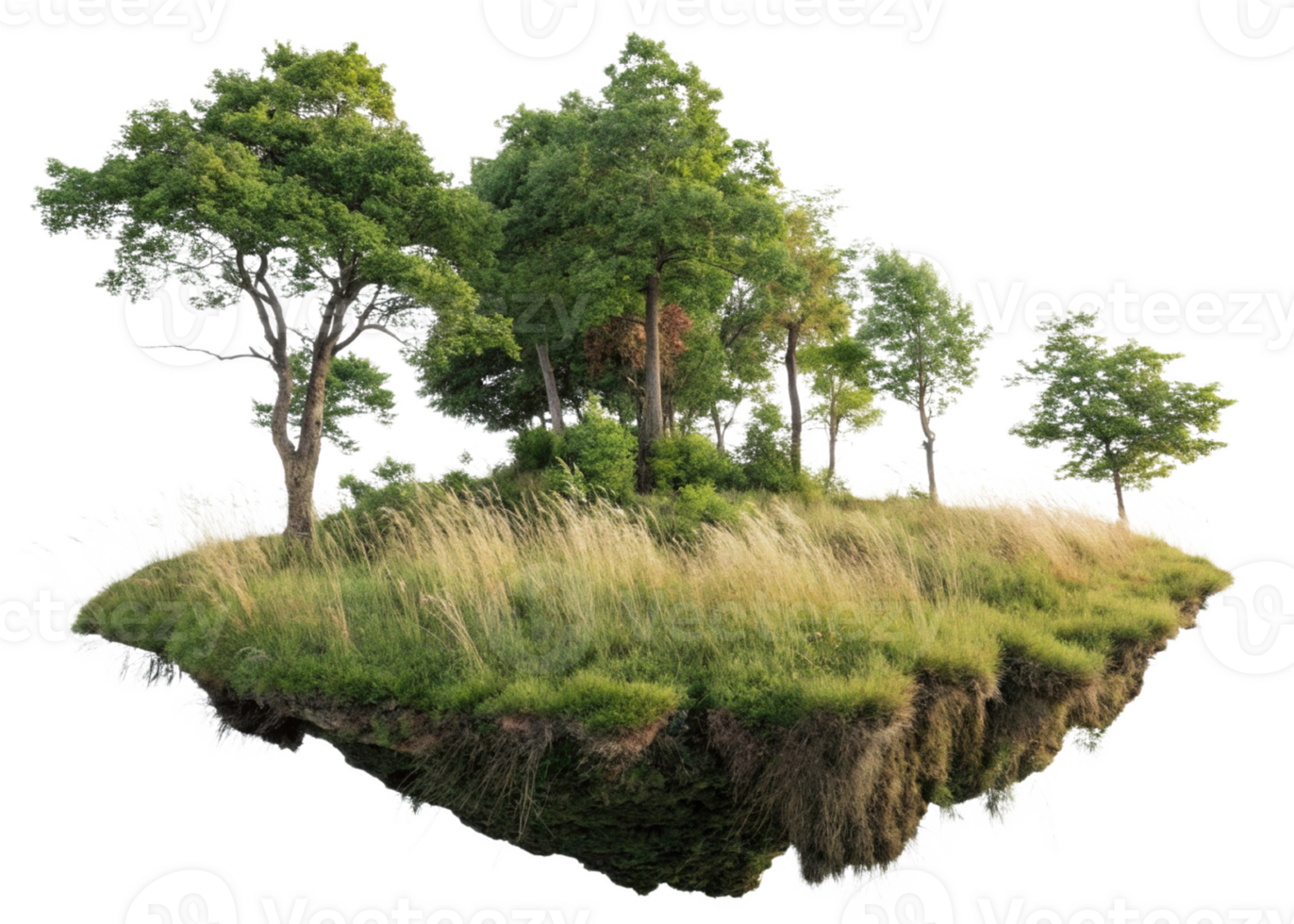 Lush green trees on floating island with tall grass and reflection png