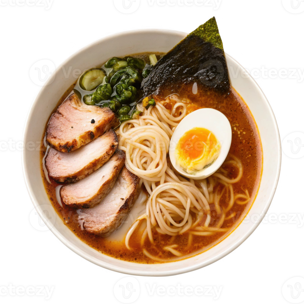 Delicious ramen bowl with noodles, pork, egg, and seaweed png