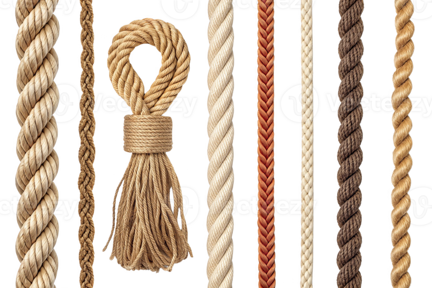 Natural fiber ropes in various styles and colors, showcasing texture and design png
