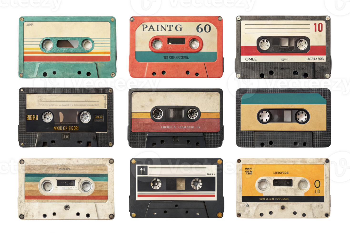 Vintage cassette tapes in various colors and designs arranged in grid png