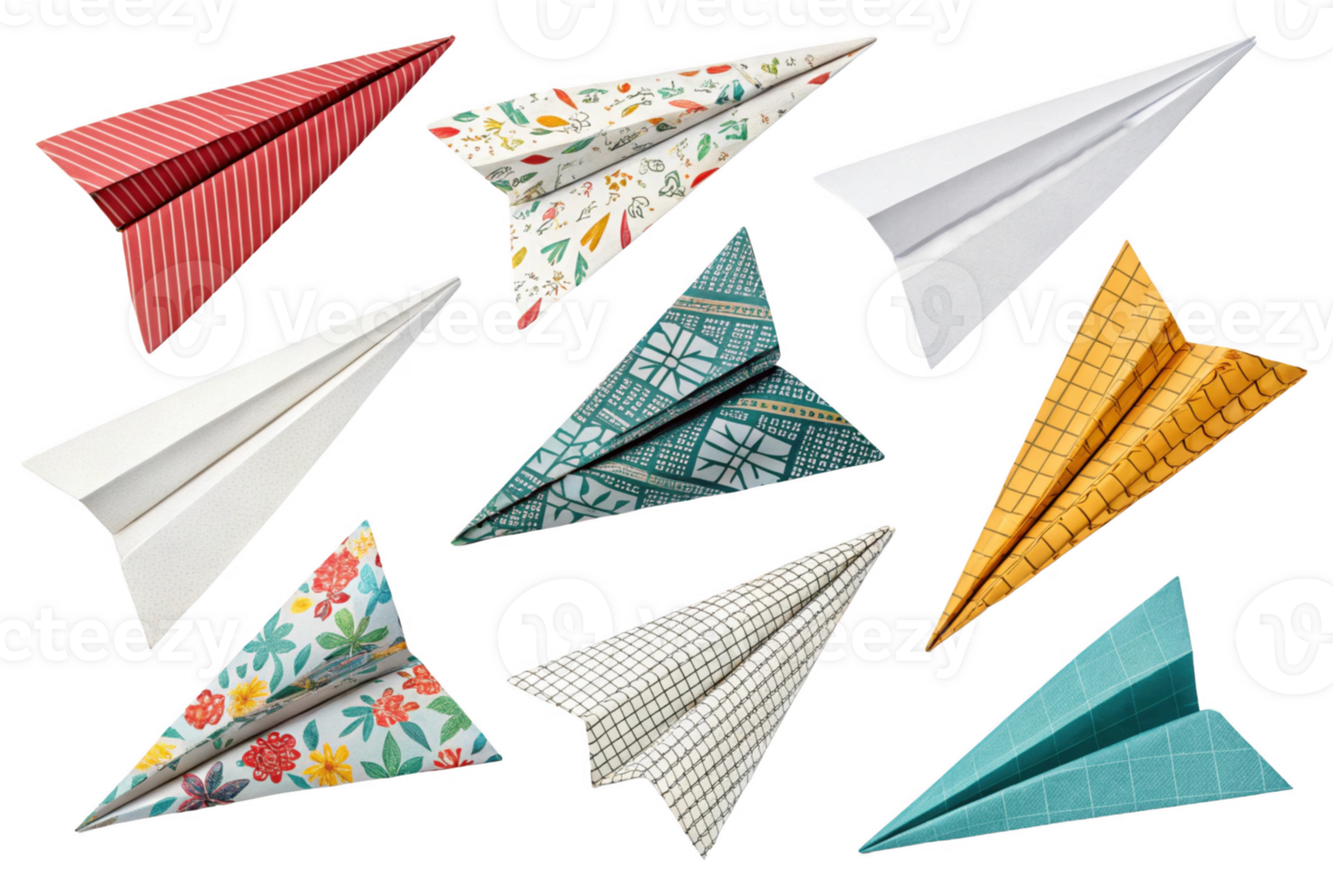 Colorful paper airplanes in various designs and patterns, showcasing creativity and fun png