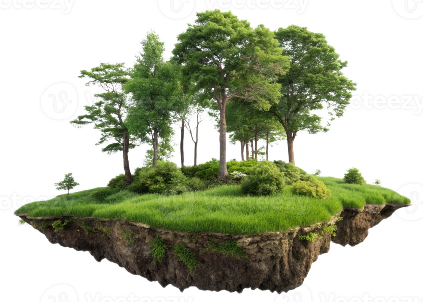 Lush green trees and grass on floating island create serene landscape png