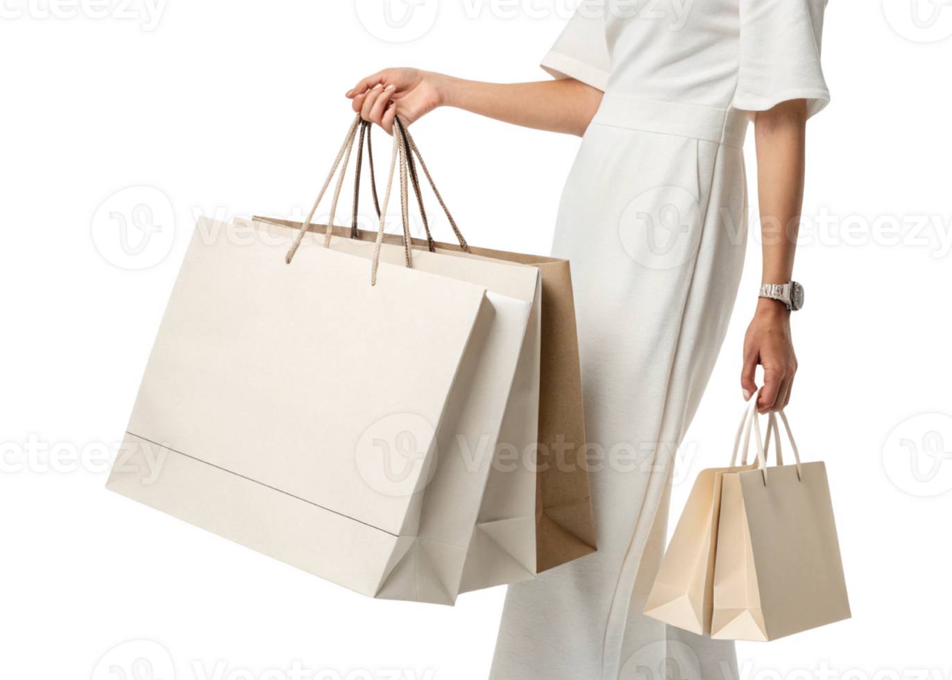 Shopping bags held by woman in white dress, showcasing stylish look png
