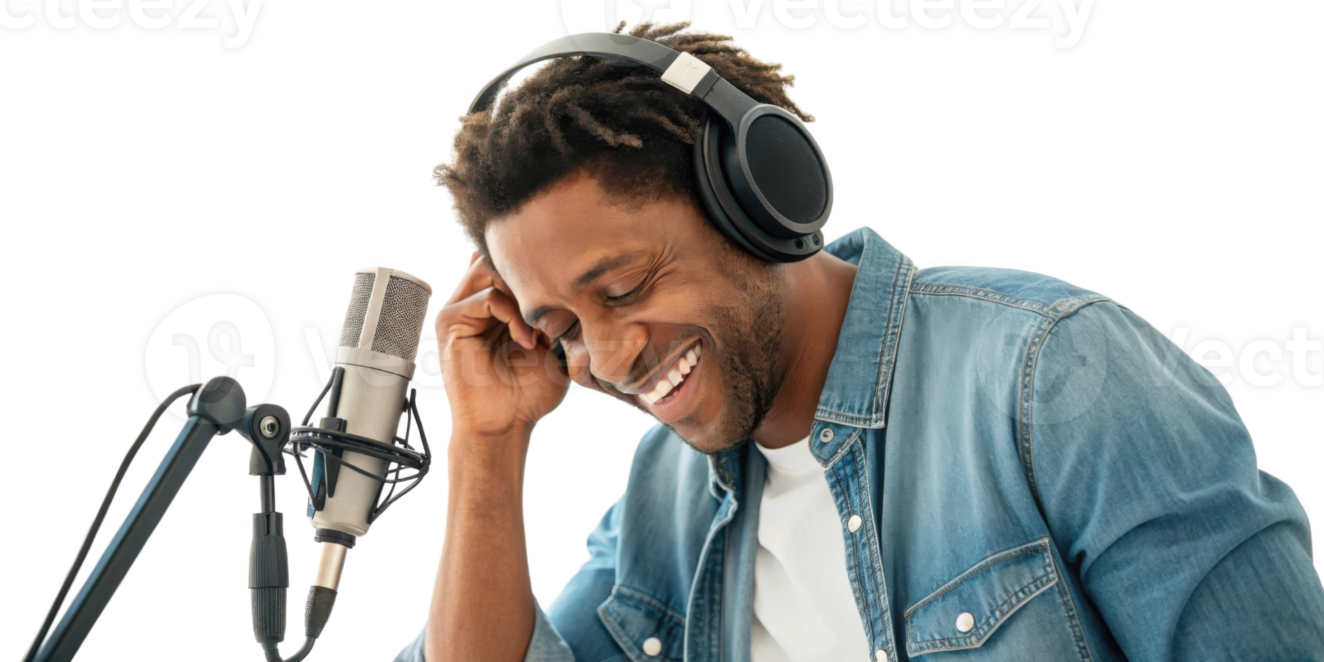 Man with headphones enjoying music while recording in studio png