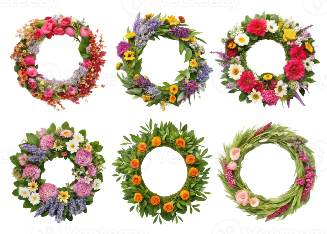 Colorful floral wreaths with various flowers and greenery png