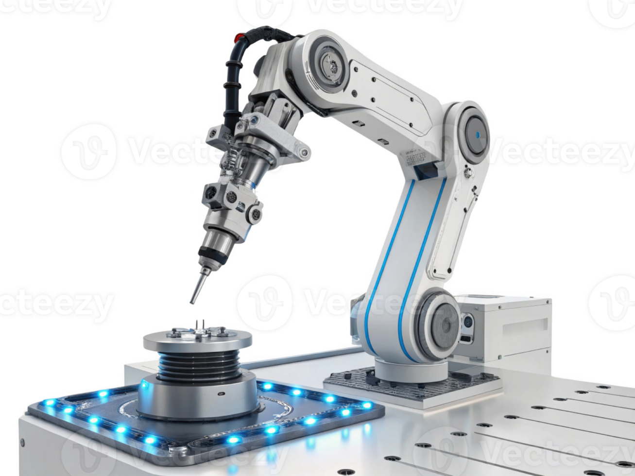 robótico braço com precisão ferramenta em posto de trabalho, exibindo avançado tecnologia e automação png