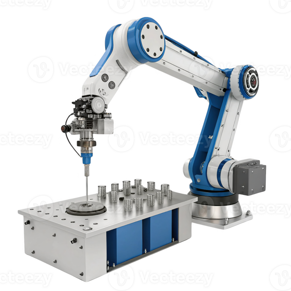 Robotic arm with precision tool on workbench, showcasing automation technology png