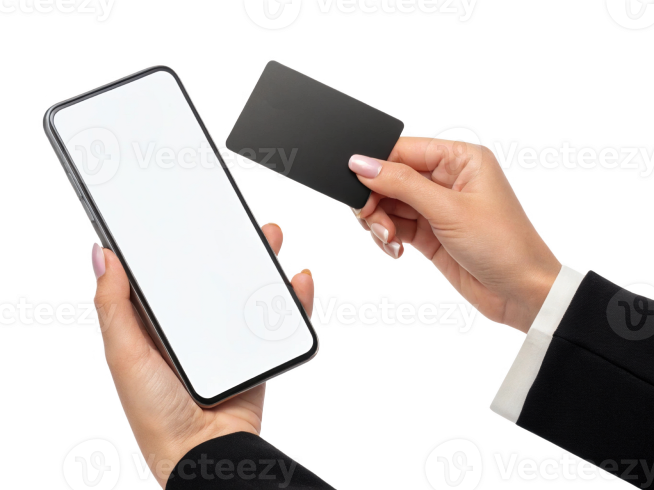 person holding smartphone and blank card, showcasing digital payment options png
