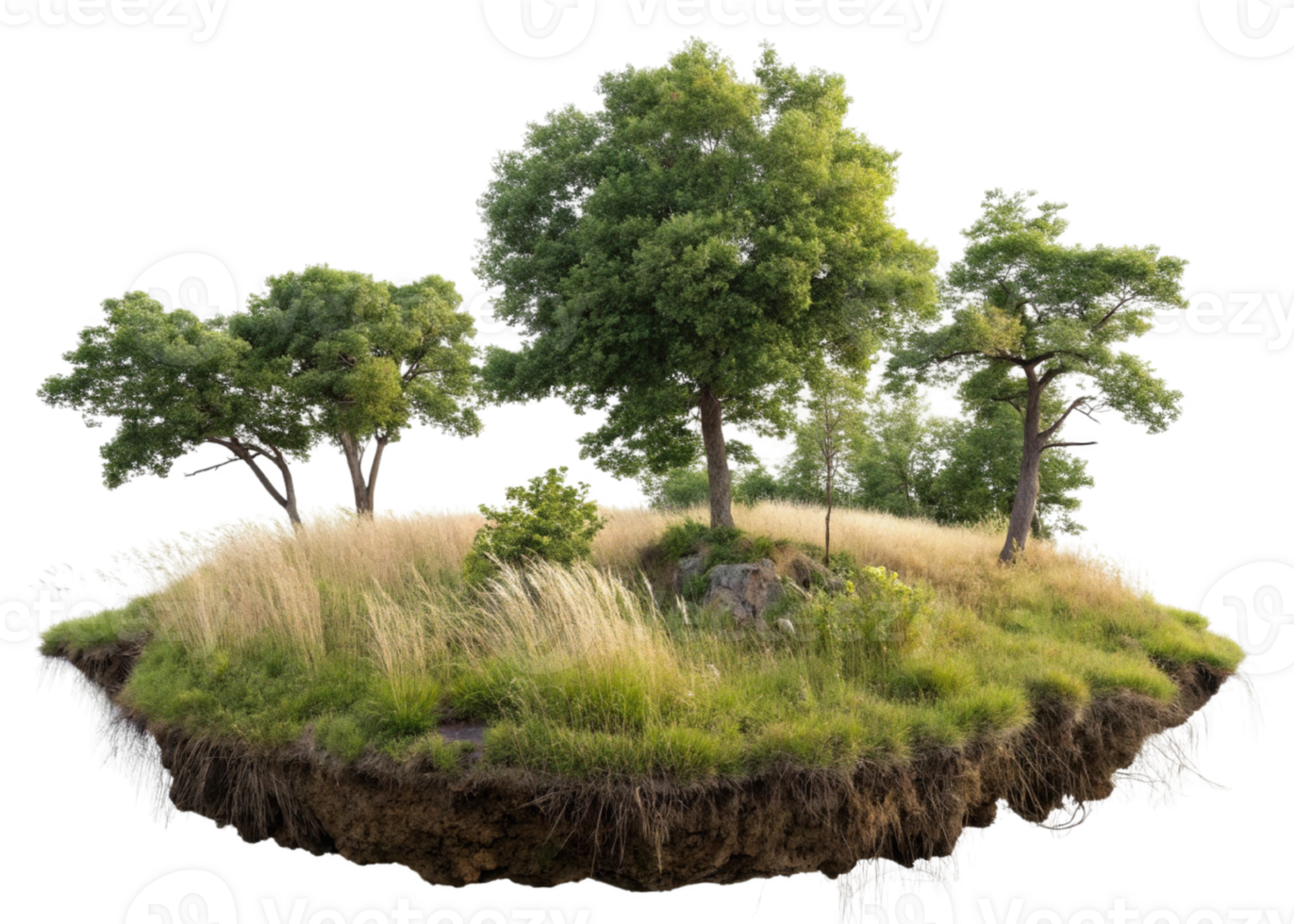lush green island with trees and tall grass, creating serene natural scene png