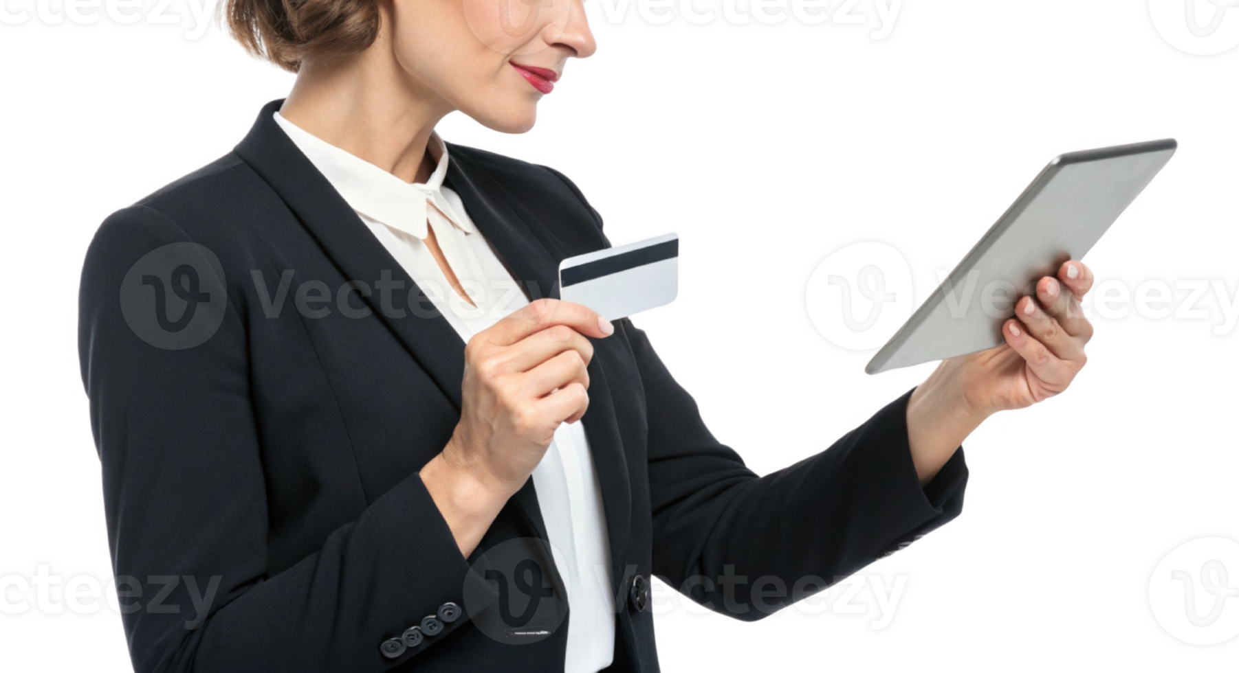 Professional woman using tablet and holding credit card png