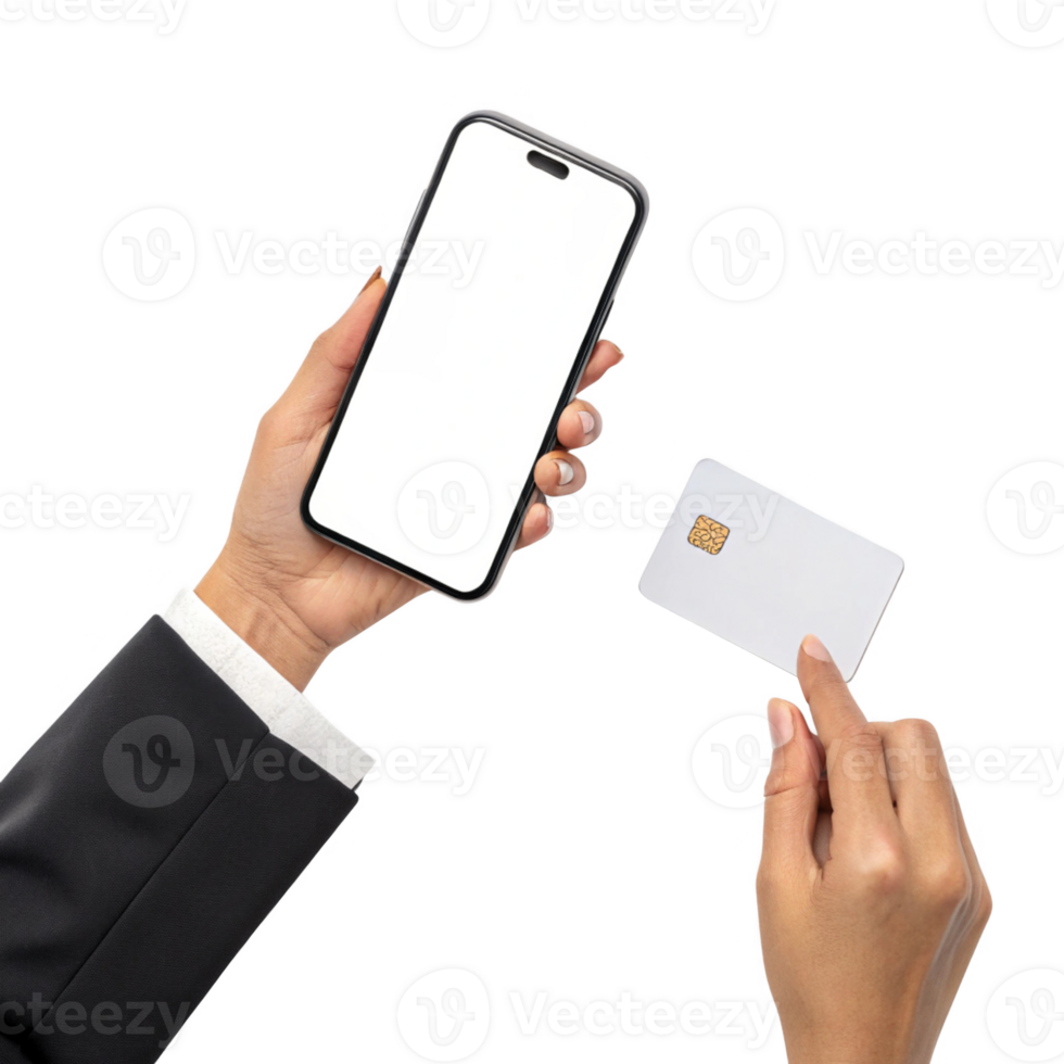 person holding smartphone and blank credit card, showcasing digital payment options png