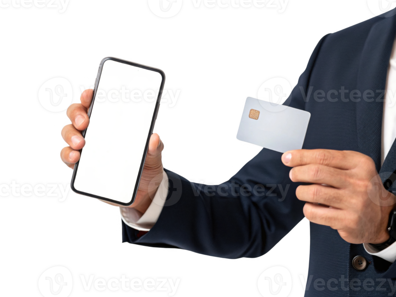 man holding smartphone and credit card, showcasing digital payment options png
