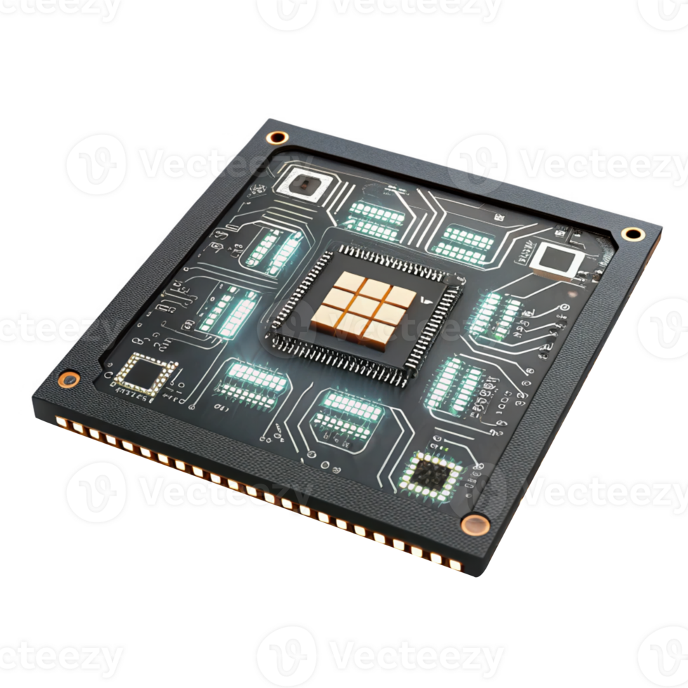 High tech microchip with intricate circuit design and glowing elements png