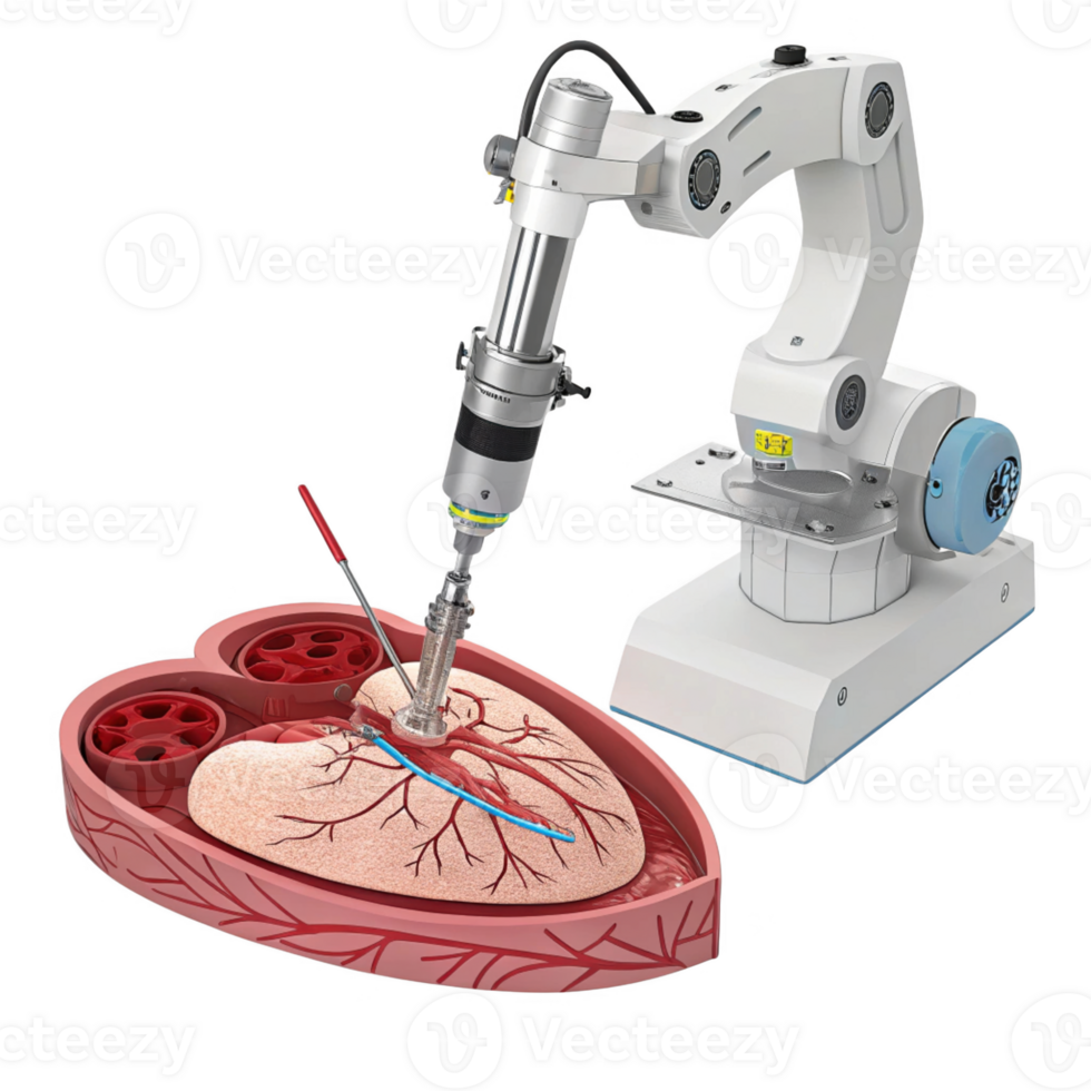 Robotic arm performing surgery on heart model, showcasing medical technology and innovation. png